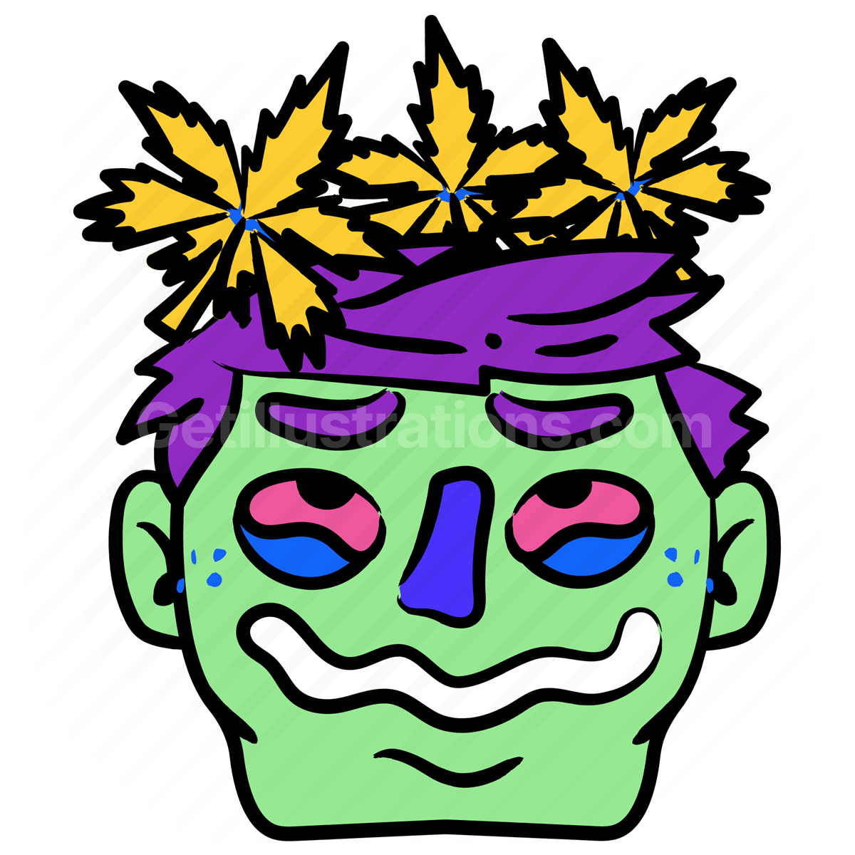 smiley, face, sticker, high, smoking, habit, addiction, plant, leaves, man, male